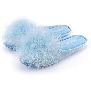 Women's Blue Cozy Velvet Memory Foam Fuzzy House Slippers Non-Slip Sole